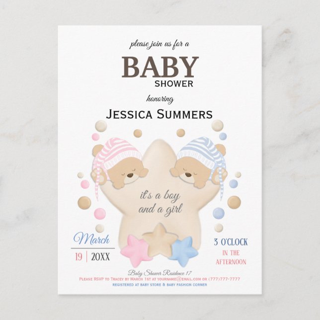 Invitation Carte Postale Cute dormant Teddy Bear Twins Baby shower Invitat (Devant)