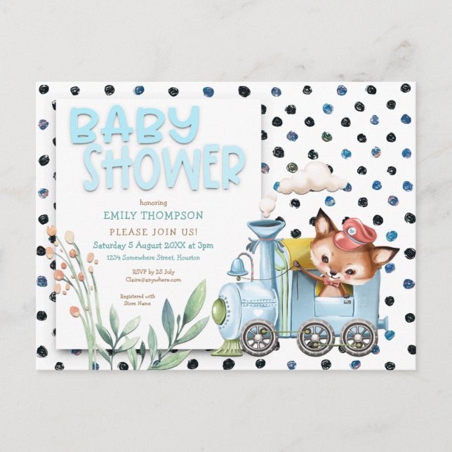 Invitation Carte Postale Cute Fox En Train pois Baby shower Bleu (Devant)