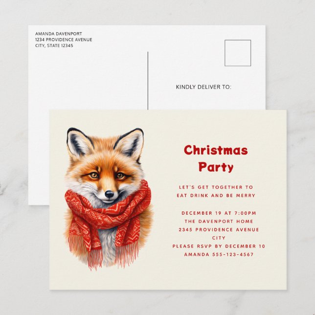 Invitation Carte Postale Cute Fox in a Red Scarf Autumn Image Christmas (Devant / Derrière)