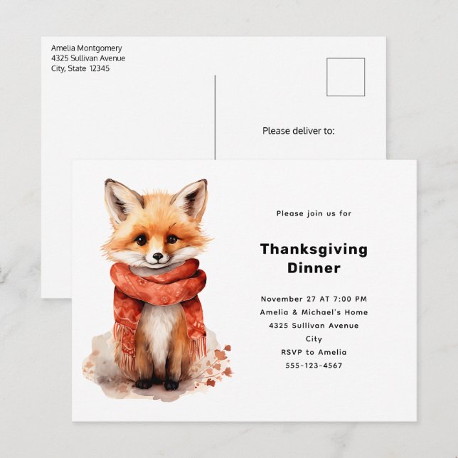 Invitation Carte Postale Cute Fox Pup in a Red Scarf Thanksgiving (Devant / Derrière)