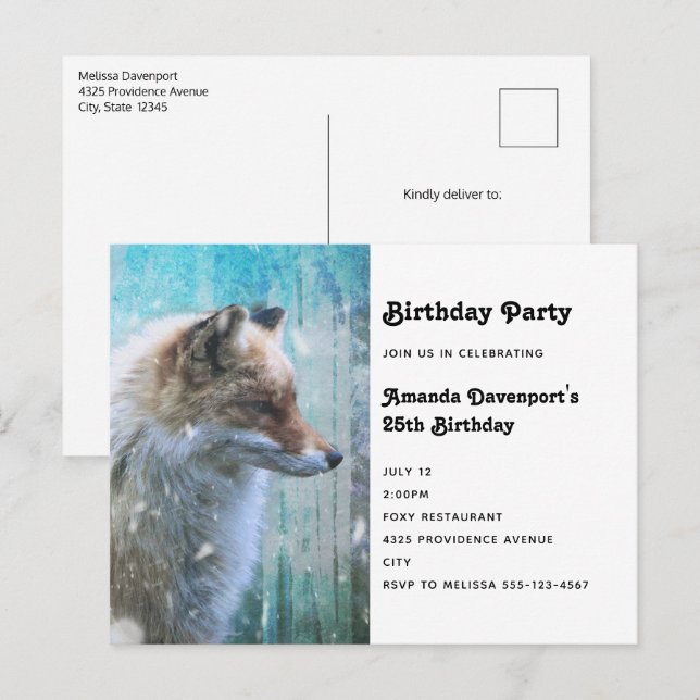 Invitation Carte Postale Cute Furry Fox sur Blue Grunge Arrière - plan Anni (Devant / Derrière)