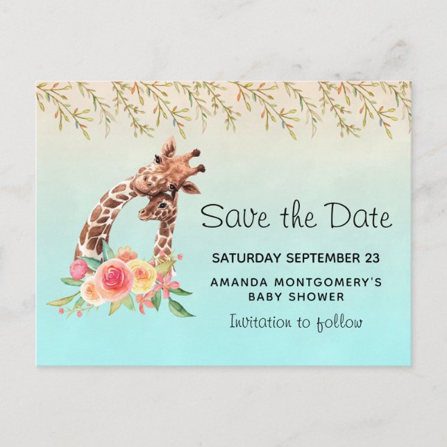 Invitation Carte Postale Cute Giraffe Aquarelle Maman & Bébé Enregistrer la (Devant)