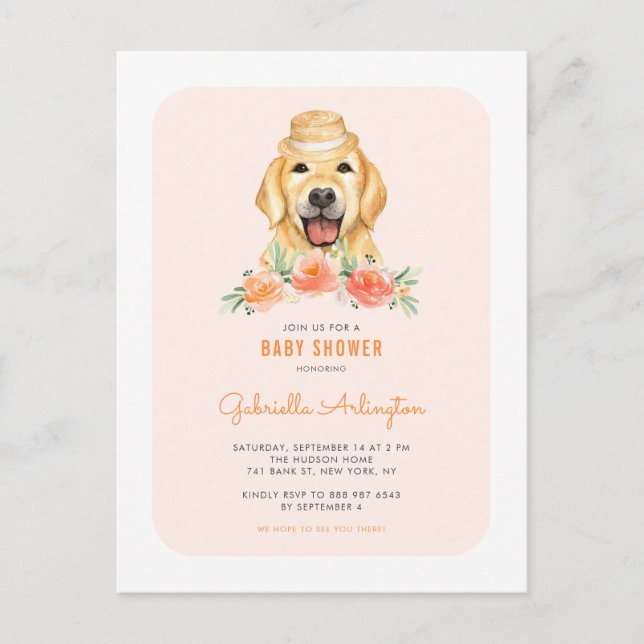Invitation Carte Postale Cute Golden Retriever Pêcher Baby shower Floral (Devant)