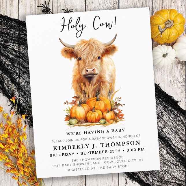 Invitation Carte Postale Cute Highland Cow Automne Citrouille Baby shower (Créateur téléchargé)
