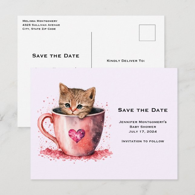 Invitation Carte Postale Cute Kitten dans un Teacup avec les coeurs Économi (Devant / Derrière)