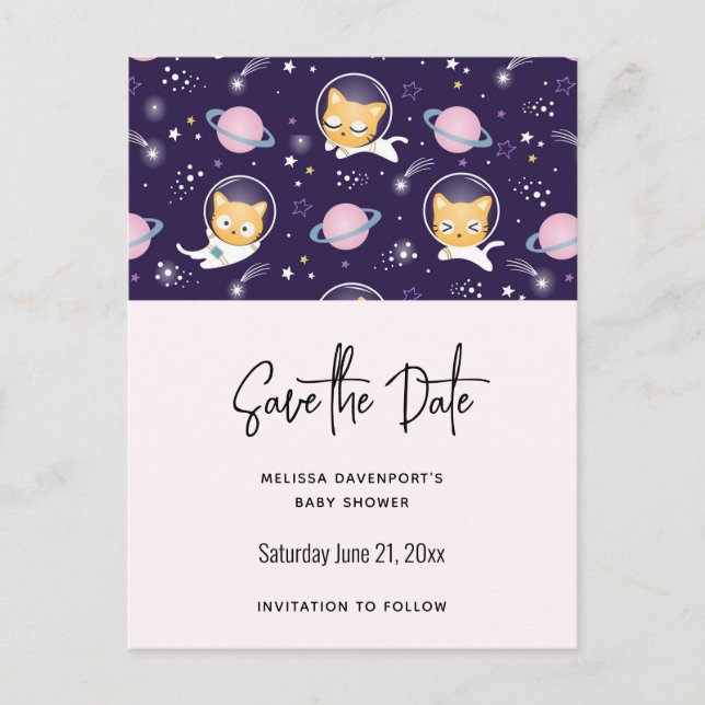 Invitation Carte Postale Cute Kitty Chat Astronauts Motif Sauvez la date (Devant)