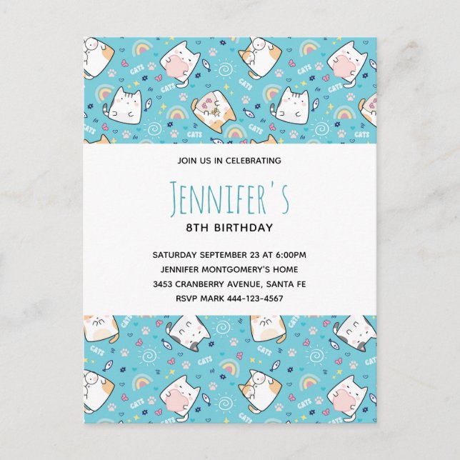Invitation Carte Postale Cute Kitty Chat Motif Whimsical Anniversaire (Devant)