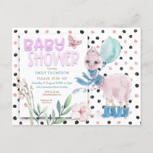 Invitation Carte Postale Cute Llama Wellies Points Baby shower rose