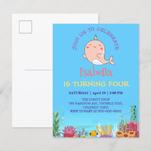 Invitation Carte Postale Cute Narwhal Fish Unicorn Rainbow Sea Anniversaire