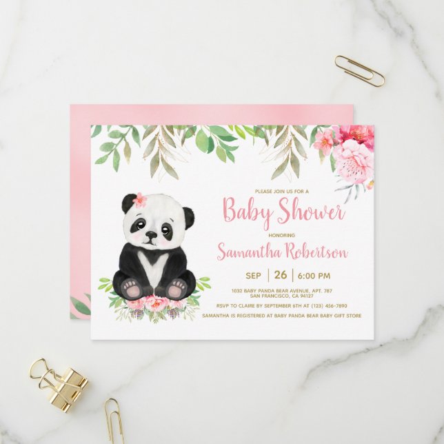 Invitation Carte Postale Cute Ours Blush rose Aquarelle Baby shower fille (Devant/Arrière en situation)