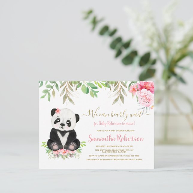 Invitation Carte Postale Cute Ours Blush rose Aquarelle Baby shower fille (Debout devant)