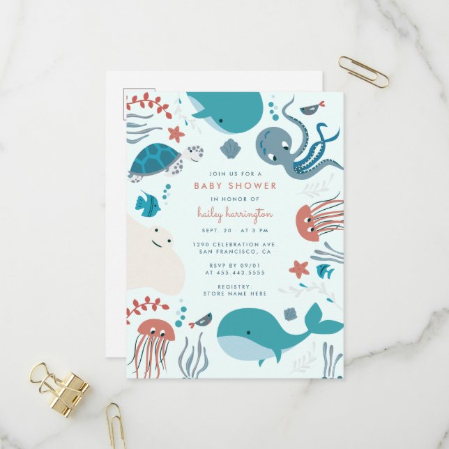 Invitation Carte Postale Cute Pastel Nautique Sous Le Baby shower De Mer (Devant/Arrière en situation)