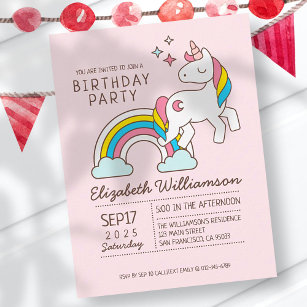 Invitation Carte Postale Cute Rainbow Unicorn Et Étincelles Anniversaire