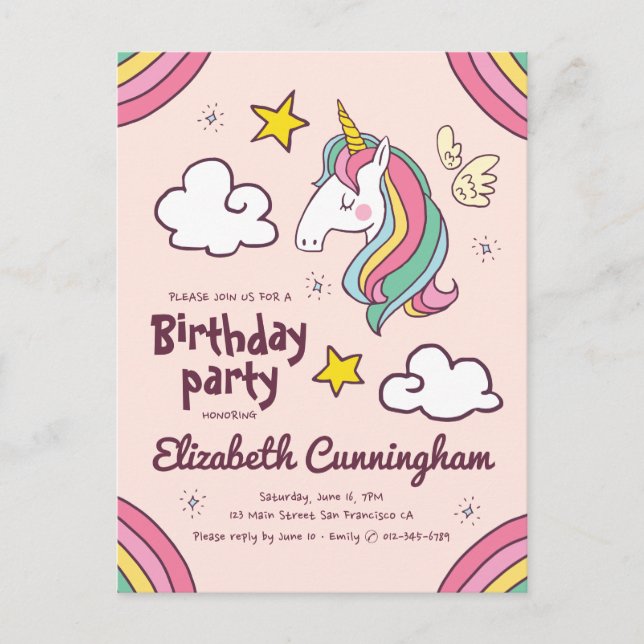 Invitation Carte Postale Cute Rainbow Unicorn Stars Anniversaire (Devant)