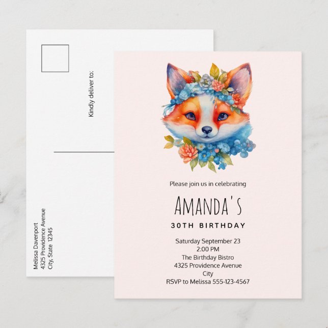 Invitation Carte Postale Cute Renard orange avec Couronne florale Anniversa (Devant / Derrière)