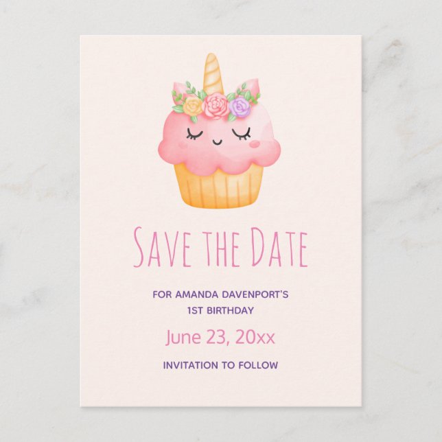 Invitation Carte Postale Cute rose Cupcake Unicorn avec Roses Enregistrer l (Devant)