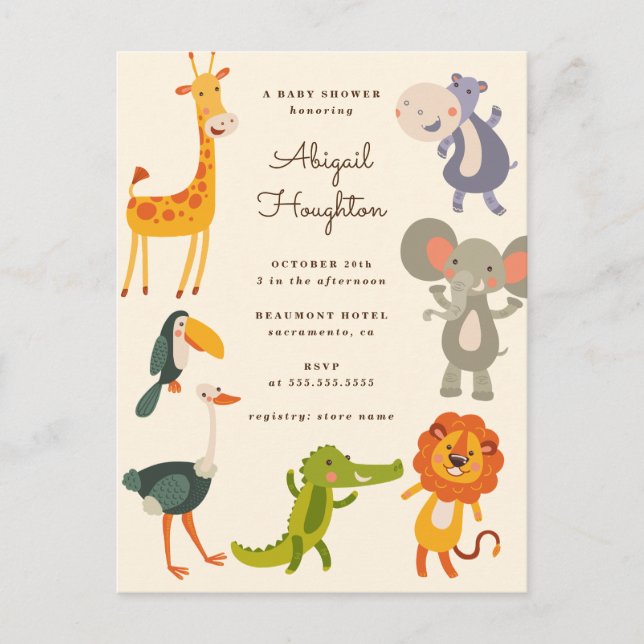 Invitation Carte Postale Cute Safari Jungle Animal Baby shower à thème (Devant)