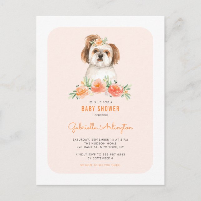 Invitation Carte Postale Cute Shih Tzu Aquarelle Pêche Baby shower Floral (Devant)