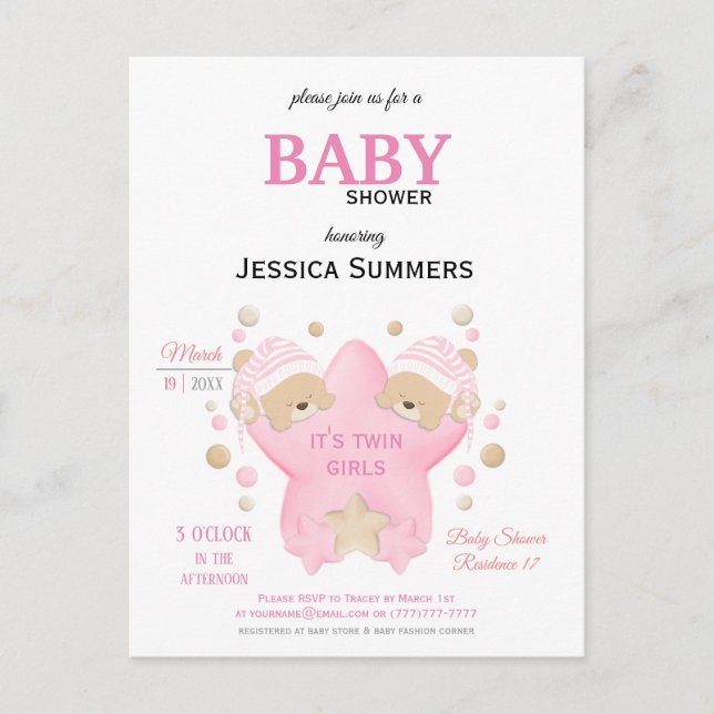 Invitation Carte Postale Cute Sleeping Teddy Bear Twin Baby Girls Shower In (Devant)