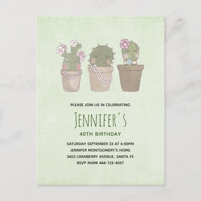 Invitation Carte Postale Cute souriant Cactus Trio Aquarelle Anniversaire (Devant)