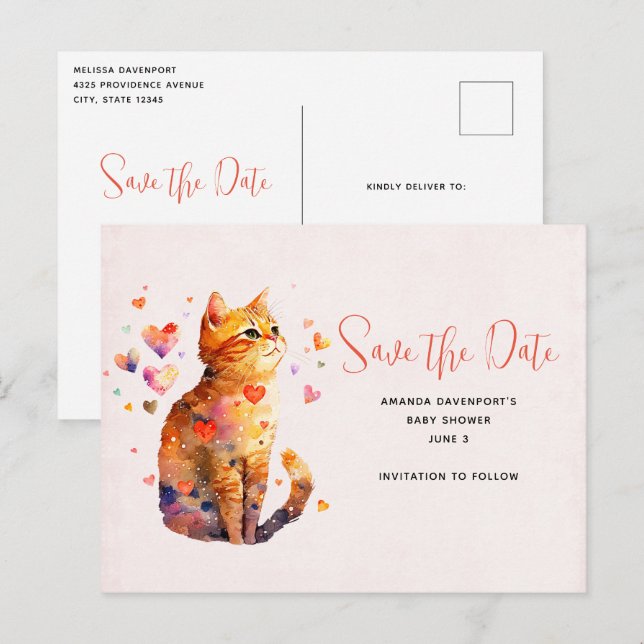 Invitation Carte Postale Cute Tabby Chat avec Coeurs Enregistrer la date (Devant / Derrière)