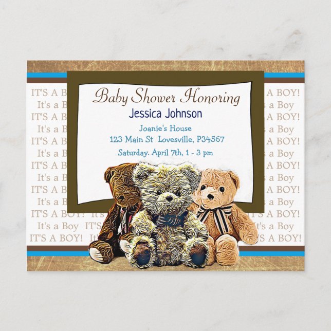 Invitation Carte Postale Cute Teddy Bear Baby shower de garçon à thème (Devant)