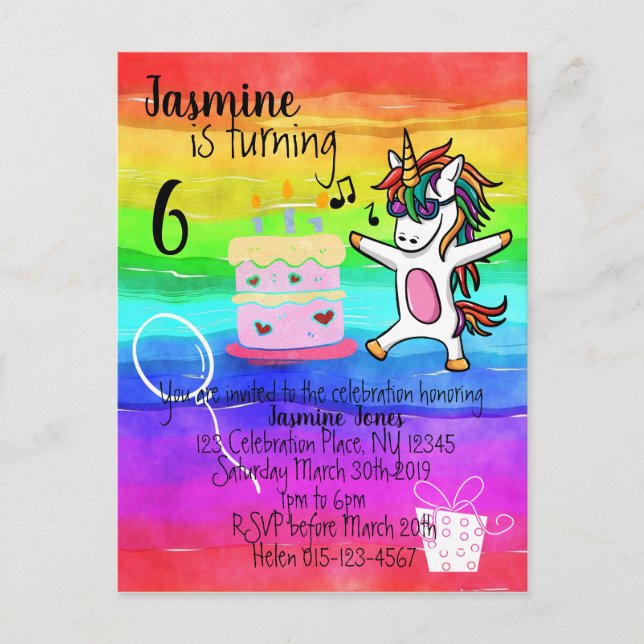 Invitation Carte Postale Cute Unicorn Aquarelle Rainbow Anniversaire (Devant)
