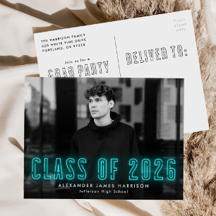 Invitation Carte Postale Cyan Neon Classe de 2025 Photo Graduation Party