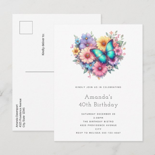 Invitation Carte Postale Daisy Flowers with a Beautiful Butterfly Birthday (Devant / Derrière)