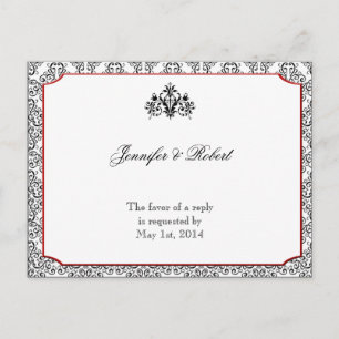 Invitation Carte Postale Damas noir et blanc avec RSVP à Accent rouge