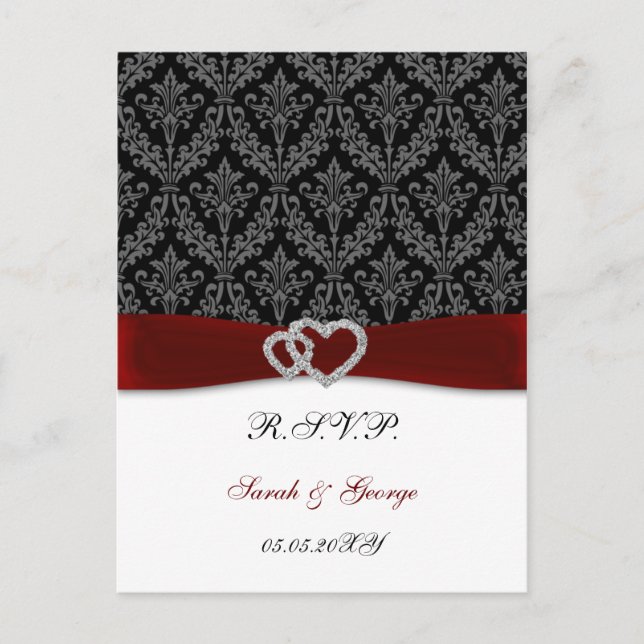 Invitation Carte Postale damask diamante rouge mariage RSVP (Devant)