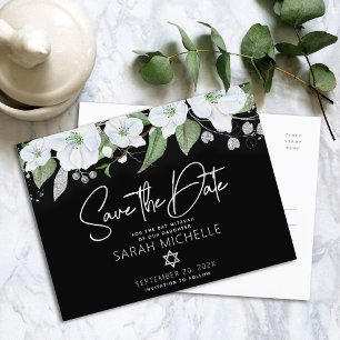 Invitation Carte Postale Date à retenir pour la Bat Mitzvah Fleurs Noir Arg