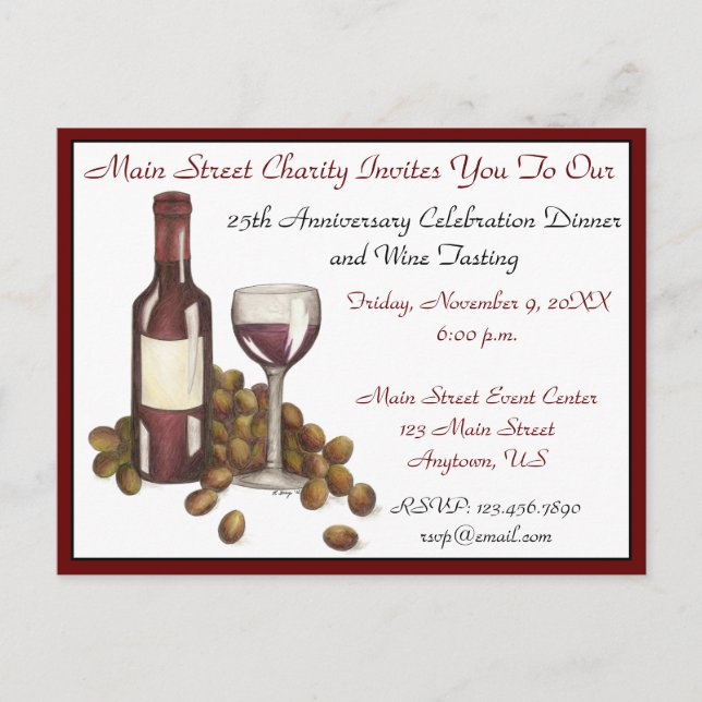 Invitation Carte Postale Dégustation de vin Cocktail Party Raisins bouteill (Devant)