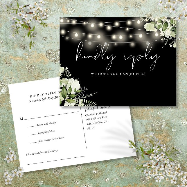 Invitation Carte Postale Demande de Chanson pour les lumières florales noir (Black And White Floral Lights Song Request RSVP Invitation Postcard)