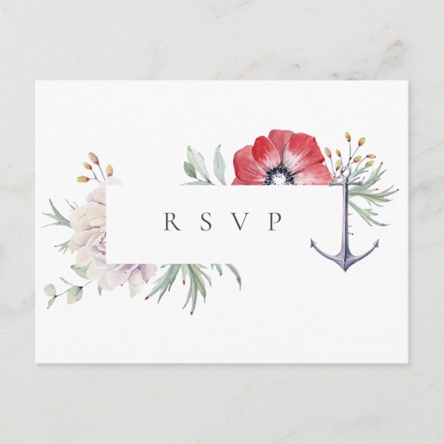 Invitation Carte Postale Demande de réponse de mariage floral d'ancre éléga (Devant)