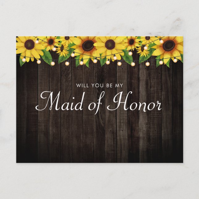 Invitation Carte Postale Demande de témoin de mariage en bois de tournesol  (Devant)