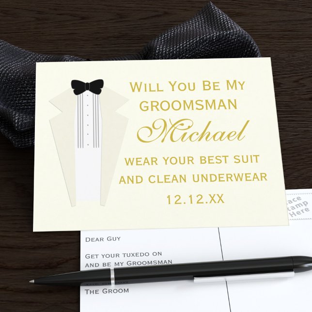 Invitation Carte Postale Demande de témoin de mariage en smoking (Send this postcard to your Groomsman. He'll say yes (and wear clean underwear))