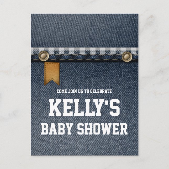 Invitation Carte Postale denim, jean bleu, cowboy, baby shower occidental (Devant)
