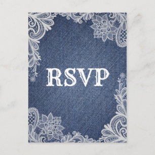 Invitation Carte Postale Denim & White dentelle florale Elégant mariage RSV