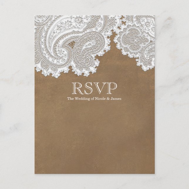 Invitation Carte Postale Dentelle blanche et marron Élégant mariage RSVP (Devant)