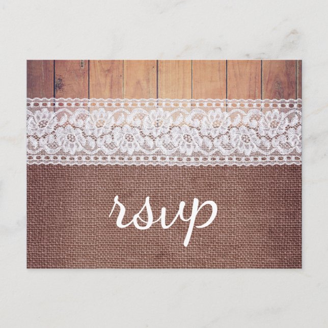 Invitation Carte Postale Dentelle et RSVP en bois de Burlap rustique (Devant)