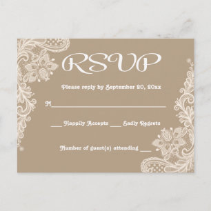 Invitation Carte Postale Dentelle florale RSVP Brown et blanche Tan