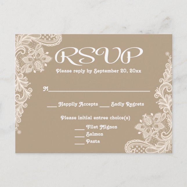 Invitation Carte Postale Dentelle florale RSVP rustique Tan Brown & blanc - (Devant)
