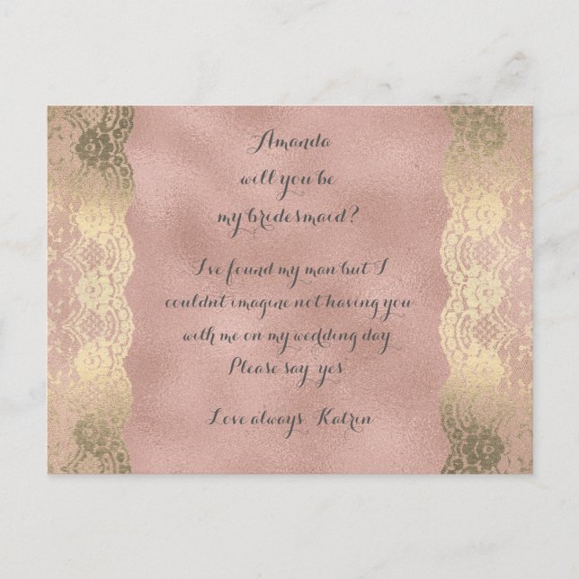 Invitation Carte Postale Dentelle rose Gold Foxier Serez-Vous Ma Femme D'Ac (Devant)