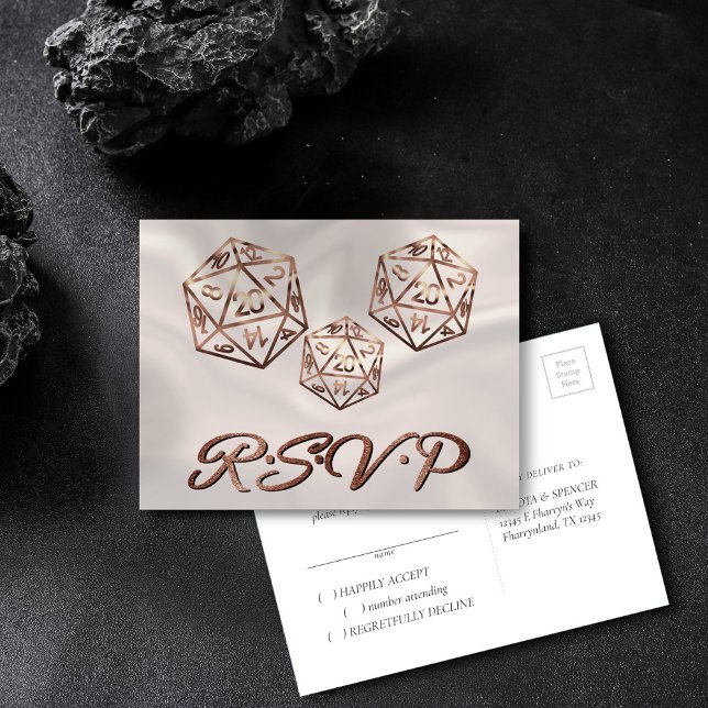 Invitation Carte Postale Dés RPG | Gamer Tabletop Imaginaire cuivre RSVP (Créateur téléchargé)