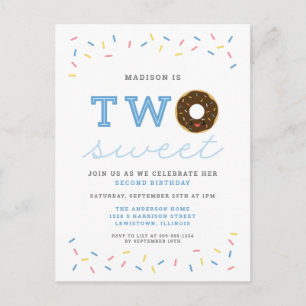 Invitation Carte Postale Deux beignets doux et des arroses bleu 2e annivers