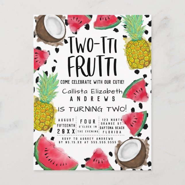 Invitation Carte Postale Deux tti Frutti Cute Fruit Aquarelle 2e anniversai (Devant)