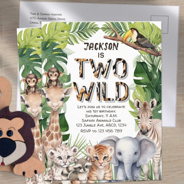 Invitation Carte Postale Deux Wild Jungle Safari, garçon 2e anniversaire (Two Wild Safari, Boy 2sn birthday invitation postcard.)