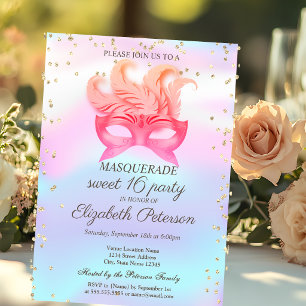 Invitation Carte Postale Diamants de Mascarade,Masque,Douce 16 ans holograp