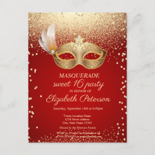 Invitation Carte Postale Diamants de Mascarade,Masque,Rouge Sweet 16